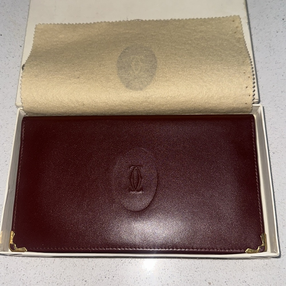 Cartier Leather Bifold Long Checkbook Wallet Must De Cartier Bordeaux in Box